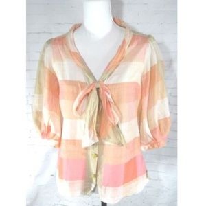 Maeve Bow Tie Pink Peach Beige Plaid Blouse Sz 8